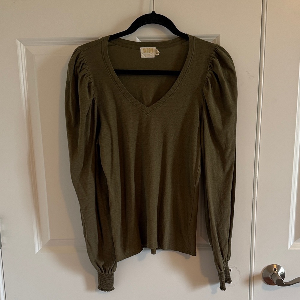 Nation LTD Olive Green V-Neck Long Sleeve Top Size XS